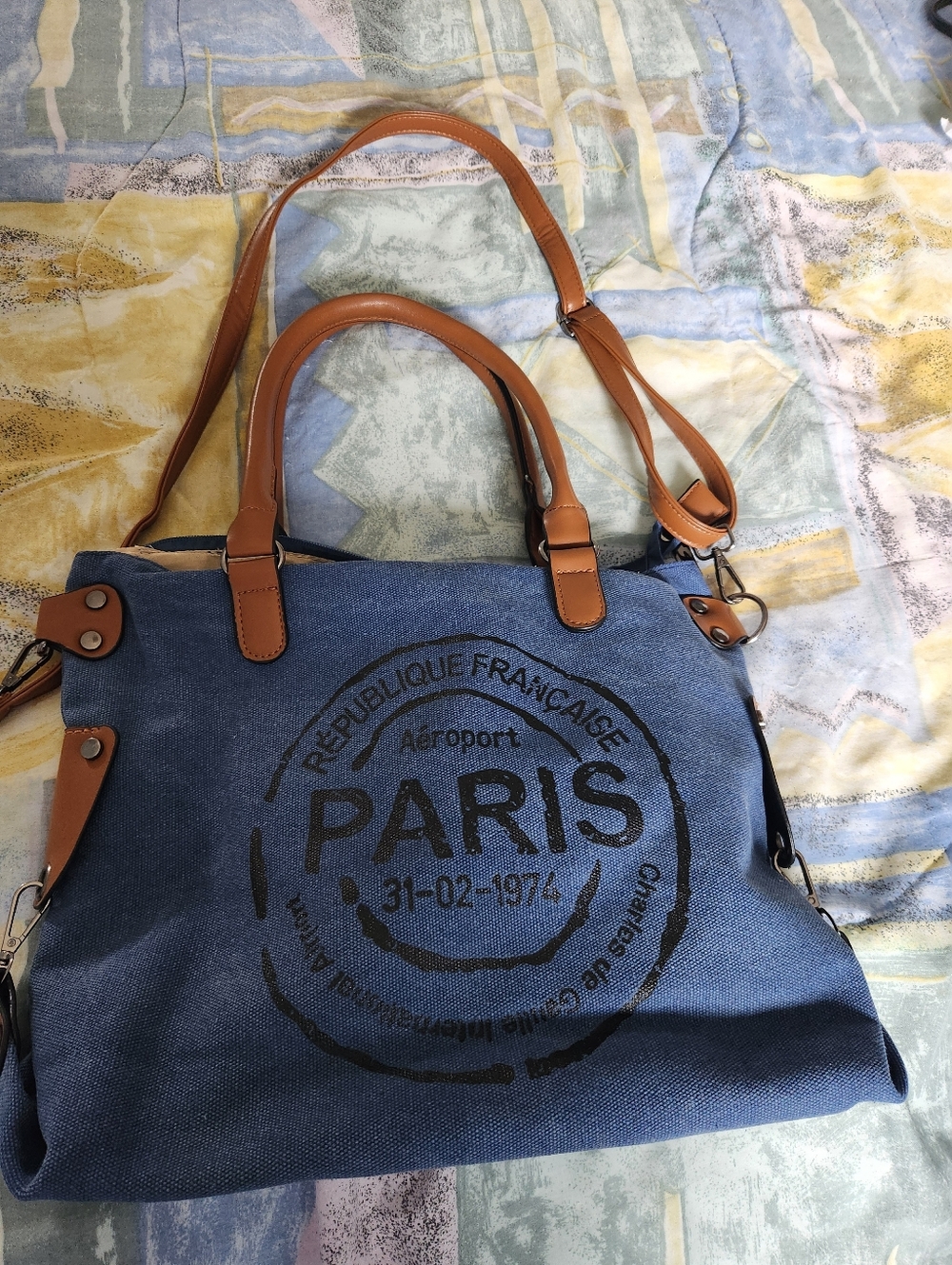 Paris Canvas Tote Bag with Tan Leather Straps